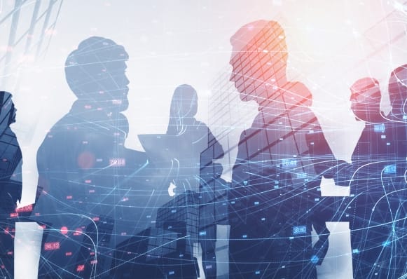 ビジネスパーソンたちのシルエットとネットワークを表現した未来的イメージ